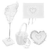 Shanrya Hochzeits-Ringkissen Blumenkorb-Set, schöne weiße Vintage 4er Hochzeitsgästebuch für Strandhochzeiten im F