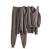 3 Stück Strickanzüge Langarm Jacke Cardigan Pullover Tank Top Hosen Frauen Mode Solid Set Casual Trainingsanzüge, Kaffee A368, O