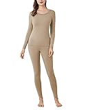 LAPASA Damen Innenfleece Thermounterwäsche Set, Thermooberteil & Thermohose Leggings Funktionsunterwäsche Sets, L17 Hellbraun, 100 Warm, S