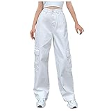 Baggy Jeans y2k Damen: Boyfriend, Jeanshosen Mit Tasche-Weites Bein-Harajuku Streetwear Hose-Aesthetic Jeans-High Waist-Straight Jeans-Teenager MäDchen Kleidung Trend Hosen,E-Girl Hosen, Weiß