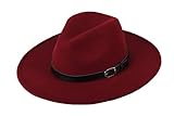 DT DANTIYA Damen Klassische breite Krempe Fedora Hut mit Gürtelschnalle Wolle Panama Hut, weinrot, Einheitsgröß
