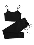 DIDK Damen Leggings und Top Sets 2 Piece Spaghettiträger Bauchfrei Tops Skinny Hose Sportswear-Set Fitness 2-Teiler Trainingsanzug Schwarz L