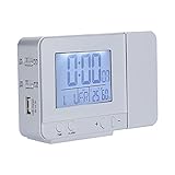 Projektionswecker, 5.3x3.3x1.3in 180 ° Drehung LED-Digitaluhr Projektor USB-betrieben Verfügbar 7 Sprachen mit Temperatur-Feuchtigkeits-Test für Schlafzimmer, Dual-Wecker für schwere Schläfer(Silber)