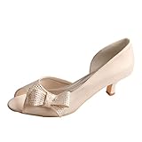 Damen Satin Kitten Heel Pumps Diamante Bögen Offener Zehen Abend Hochzeit Brautschuhe MQW-1987,Elfenbein,39 EU