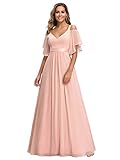 Ever-Pretty Damen Abendkleid Tüll A-Linie schulterfrei rückenfrei Kurze Ärmel V Ausschnitt lang Rosa 54