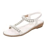 FNKDOR Perlen Strass Flach Sandalen Damen mit Absatz Comfort T-spangen Slingback Boho Sandaletten Weiß 42