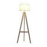 XH&XH Stehlampe aus Holz, Stehlampe Stativ, Wohnzimmerlampe, Hochlampe für Schlafzimmer, 3 Farbtemperaturen, Fußschalter, mit Ablage, Stoff Lampenschirm, für Zimmer Schlafzimmer Büro, E27