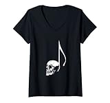 Damen Musiknoten-Musiker, Totenkopf, Skelett, Orchester, Bassist Band T-Shirt mit V