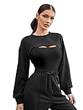 DIDK Damen Crop Pullover Sehr Kurz Sweatshirts Langarm Pulli Rundkragen Cut Outs Shirts Schwarz S