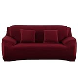 Monba SofaÜberwürfe,Stretch Elastischer Stoff für 1/2/3/4-Sitzer-Sofa,Couch-Sessel, reine Farbe Schonbezug, Polyester,weinrot, 3 Seater:185-230