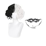 Wangjia Cruella de Vil Cosplay Perücke Film Charakter Cruella Schwarz Weiß Perücke Devil Perücke Gesichtsmaske Zubehör für Halloween Kostüm Party Geburtstag