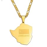 XYFCJK Simbabwe Karte Anhänger Halskette - Country Umriss Ethnischer Stil Hip-Hop Schmuck, Flagge Namensdruck Charm Dünne Kette, Frauen/Mädchen/Männer Unisex,Golden,17,71