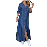 Damen Blusenkleid Elegant V-Ausschnitt Langarm Hemdkleid Einfarbig Druck Lang Kleid Mit Knopf Shirtkleid Maxikleid Strandkleid Boho Sommerkleid Fashion Langarm-Taschen-Knopf-Hemd-Druck