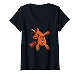 Damen Lebkuchen-Dabbing Einhorn Weihnachten Plätzchen Backen Urlaub T-Shirt mit V