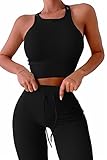 QINSEN Nahtlose Workout-Outfits für Frauen, 2-teilig, gerippt, bauchfrei, hohe Taille, Yoga-Leggings-Sets, schwarz, Larg