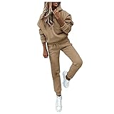 JIANGC Hausanzug Damen Winter Bekleidungsset Anzug Streatwear Trainingsanzug Langarm Hoodie Kapuze und Hose Jogginghose Jogginganzüge Frauen Einfarbig Trainingsanzüge 2 Teilig (Khaki, XL)