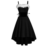 MRURIC Elegant Retro Midikleid Rockabilly Kleid Cocktailkleider Damen Off Shoulder Weihnachten Faux-Fur Lace Up Asymmetrisches Festival A-Linie Party