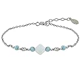 Schmuck Les Poulettes - Rhodium Silber Armband Quadratischer Pflasterstein Perlmutt und Vier Larimar F