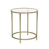 VASAGLE Beistelltisch rund, Glastisch mit goldenem Metallgestell, Kleiner Couchtisch, Nachttisch, Sofatisch, Balkon, Robustes Hartglas, dekorativ, Gold LGT20G