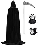 Wishstar Halloween Kostüm Sensemann, Umhang mit Kapuze 150cm, Halloween Costume Schwarz, Halloween Kostüme Cape mit Sense Skeletthandschuhe Maske für Unisex Halloween Party Rollensp