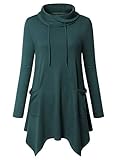Amrto Damen Bluse Turtleneck Asymmetrische Saum Langarm Tops Lange Hemd Pullover Tunika mit Taschen, Dunkelgrün M