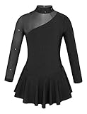 TiaoBug Mädchen Eiskunstlauf Kleid Ballettkleid Ballettanzug Langarm Body Ballett Trikot Turnanzug Eislaufen Bekleidung Wett­be­werb Kostüm gr. 104-152 Schwarz 140