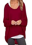 ZIOOER Damen Fledermausärmel Lose Asymmetrisch Jumper Bluse Langarmshirts Oberteil Hemd Pullover Oversize Tops Shirt Weinrot XXL