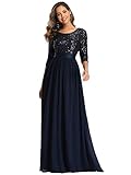 Ever-Pretty Damen Elegantes Rundhalsausschnitt 3/4 Aermel A-Linie Chiffon Bodenlang Abendkleider Pailletten Navy Blau 54