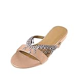 FNKDOR Fransen Strass Hausschuhe Damen Pantoletten Elegant Flache Sommer Schuhe Damen Slippers Beige 38