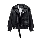 ZYING Frauen Biker Moto Jacke Neue Frühling Umdrehende Kragen Übergröße Braun Faux Lederjacke Frau Lose Kurzmantel Outwear (Color : Black, Size : L)