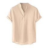 Herren T-Shirt Kurzarm Hemd Sommer Shirt Stehkragen Baumwoll Leinenstruktur mit Brusttaschen Männer Freizeithemd Basic Shirt L