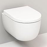 Hänge WC spülrandlos weiß glanz I Wand WC Tiefspüler hängend randlos I inkl. Schallschutz und abnehmbaren WC-Sitz mit Softclose Absenkautomatik I Spülrandlose Toilette wandhängend I 49x36x33