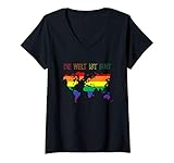 Damen Gay LGBTQ Rainbow World Regenbogen Farben Die Welt ist bunt T-Shirt mit V