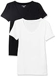 Amazon Essentials Damen fashion-t-shirts 2-pack Slim-fit Short-sleeve V-neck T-shirt, schwarz / weiß, Medium (38-40)