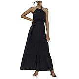 Damen Sommer Casual Solid Color Neckholder Rückenfrei Gürtel Kleid Hochzeit Gästekleider für Frauen, Schwarz , X-Larg