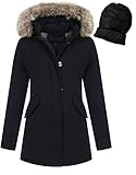 Zarlena Damen Winterjacke mit Fell Winterparka Kunstfell Wintermantel Kapuze Kunstfell Parka gefüttert Jacke Mantel Winter abnehmbare Fellkapuze Set mit Mütze / Schwarz M