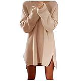 Strickkleider Pulloverkleid Winterkleider Einfarbige KIMDOO Damen Elegante Pullover Rundkragen Casual Langarm Minikleid Tunika Kleid Sweaterkleider Lockeres Kleid (A-Khaki, M)