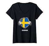 Damen Schweden Flagge Herz Sverige Fußball Fan Trikot Mädchen T-Shirt mit V