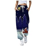 Briskorry Jogginghose Damen Winter Sporthose Weihnachten Hose High Waist Gummibund Kordelzug Freizeithose Casual Drucken Tasche Lange Hosen Lockere Slim Fit Warme Weihnachtshose D