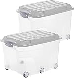 Rotho Roller 6 2er-Set Aufbewahrungsbox 57l mit Deckel und Rollen, Kunststoff (PP) BPA-frei, transparent/grau, 2 x 57l (60,0 x 40,0 x 45,0 cm)