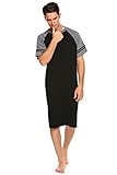 Nachthemd Herren Kurzarm Schlafanzug Nachtwäsche mit Knopfleiste Knielang Schlafkleid für Männer Sommer (Schwarz, XL(56-58))