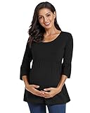 Love2Mi Damen Schwanger T-Shirt Umstandsshirts Streifen Lose Umstandstops Mama Kleidung mit 3/4 Bell-Sleeve (Schwarz, S),Schwarz,S