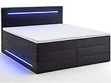 Wonello Boxspringbett 180x200 mit Bettkasten und LED Beleuchtung - gemütliches Bett mit led Beleuchtung - Stauraumbett 180 x 200 cm schwarz mit Matratze und Topp