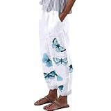 Pluderhose Damen Leinen Cargohose Baggy High Waist Sportlich Hose Pumphose Haremshose Blumenmuster Hoher Taille Hose Große Größen Schnelltrocknend Leinenhose Aladinhose Langehose mit T