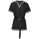 dream cosplay Mittelalterliches Tunika Ritterkostüm Wikinger Krieger T-Shirt mit Gürtel (X-Large,Schwarz)