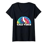 Damen Trendiger kalifornischer Regenbogen-Tie Dye | CA Cali Vibes T-Shirt mit V