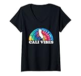 Damen Trendiger kalifornischer Regenbogen-Tie Dye | CA Cali Vibes T-Shirt mit V