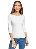 oodji Collection Damen T-Shirt Basic mit 3/4-Ärmeln, Weiß, DE 32 / EU 34 / XXS
