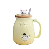 Katzen-Tasse Süße Keramik Kaffeetasse mit Deckel,Edelstahl Löffel, Neuheit Morgen Cup Tee Milch Weihnachten Becher Geschenk 450ML (Gelb )