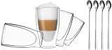 DUOS 4X 400ml + 4x Edelstahl-Löffel Latte Macchiato Gläser Set - Doppelwandige Thermo Gläser, Cappuccino Gläser - Kaffeegläser doppelwandig - Latte Macchiato Gläser Doppelwandig by F